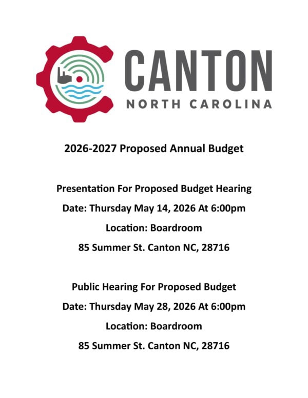 Flyer for Canton, NC 2026-2027 budget hearings, featuring a gear-and-river logo. Budget presentation May 14, 2026, 6pm; public hearing May 28, 2026, 6pm. Both at Boardroom, 85 Summer St., Canton, NC.