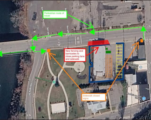 Aerial map shows Park St. with green arrows for pedestrian route, orange arrows for new fencing, barricades, and sidewalk closures, and yellow lines for parking spaces. Labels indicate closures and directions.