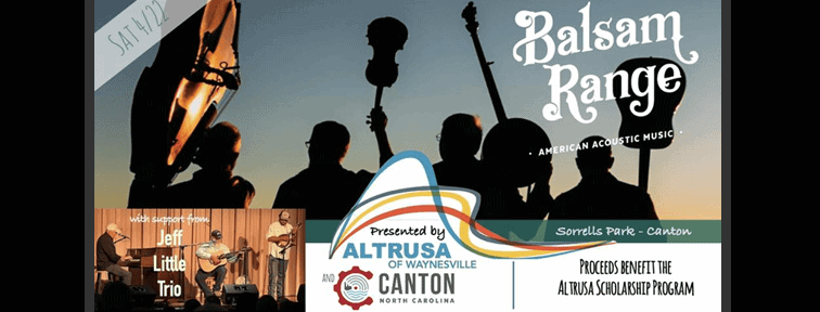 Silhouetted band Balsam Range plays under a sunset. Inset shows Jeff Little Trio performing. Text: Proceeds benefit Altrusa Scholarship Program. Logos for Altrusa of Waynesville and Canton, North Carolina.