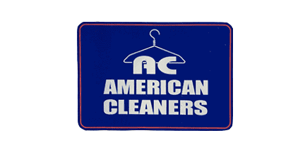 A blue sign with a hanger icon and the words AC American Cleaners in white, outlined with a thin red border.