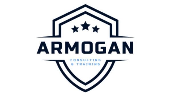 A shield logo with three stars at the top, ARMOGAN in bold letters across the center, and CONSULTING & TRAINING in smaller blue text below.