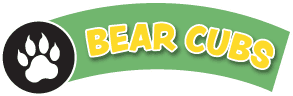 A black circle with a white bear paw print next to the words Bear Cubs in bold yellow letters on a green banner.