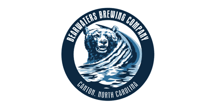 A logo for BearWaters Brewing Company features a bear partially submerged in water, encircled by the company name and Canton, North Carolina on a dark blue ring.