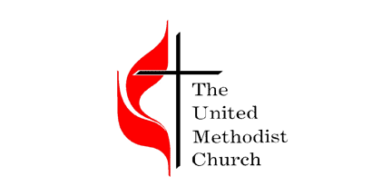 Black cross with a red flame wraps left side. Text right of cross reads The United Methodist Church in black. White background.