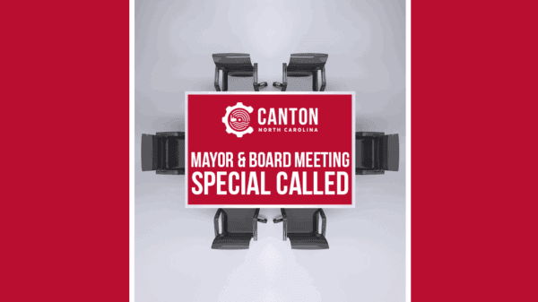 A graphic with Canton North Carolina and Mayor & Board Meeting Special Called over an overhead view of six empty chairs around a table, with a red background.