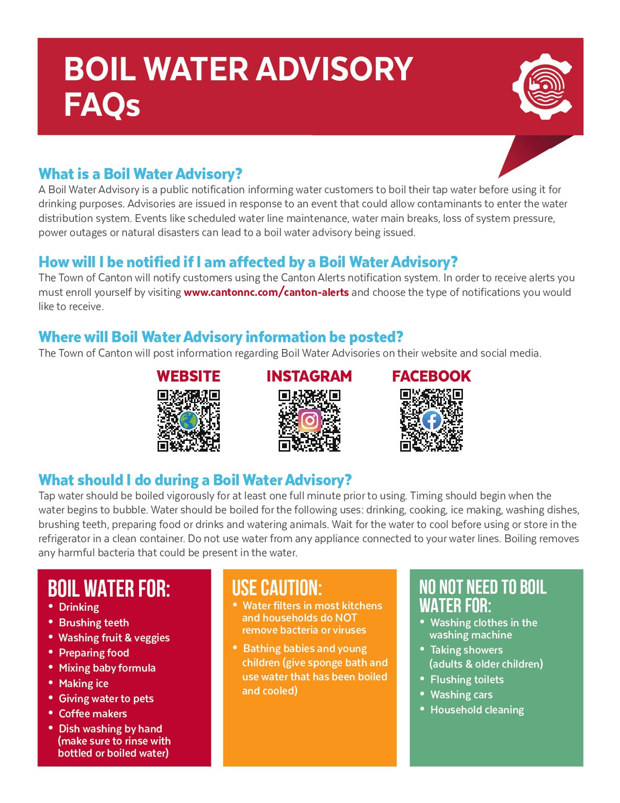 Boil Water Advisory FAQs flyer with sections on what an advisory is, notification methods, where to find more info, and safety instructions, including icons and QR codes for social media and a list of dos and donts.