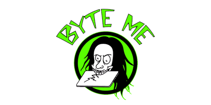 Cartoon person with long hair biting a computer disk, inside a green circle. Above, the text BYTE ME is written in green, playful letters.