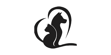 Black silhouette of a cat and a dog sitting together, with their outlines forming the shape of a heart.