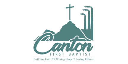 Logo for Canton First Baptist showing a mountain with a cross, three tall structures, and the words, Canton First Baptist. Building Faith, Offering Hope, Loving Others. All elements are in teal.