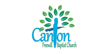Logo for Canton Freewill Baptist Church featuring a blue cross with green leaves forming a tree above it, and the church name written below in blue and green text.