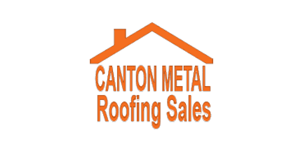 Orange text reading CANTON METAL Roofing Sales is beneath an orange roof outline, all on a white background.