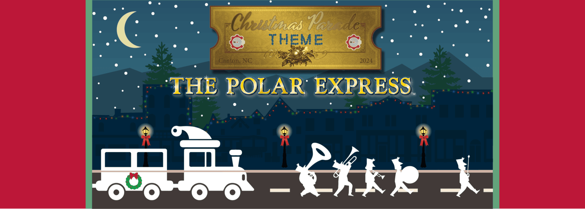 Illustration of a parade with a train, marching band, festive lights, and a The Polar Express banner, with snowy mountains and a crescent moon in the background.