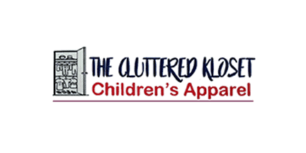 Logo for The Cluttered Kloset Childrens Apparel with an illustration of an open closet filled with clothes on the left side of the text.