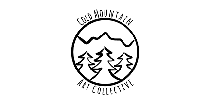 A circular logo with three pine trees and mountains inside. The words Cold Mountain arch above and Art Collective curve below the circle.