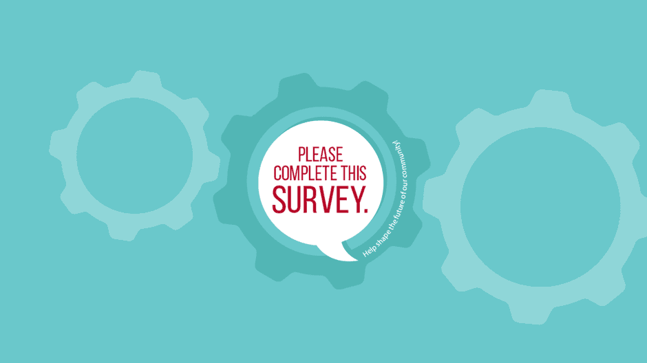 A teal background with three gear icons; the center gear contains a speech bubble with red text that reads, PLEASE COMPLETE THIS SURVEY.
