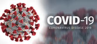 A 3D illustration of the COVID-19 virus with red spikes appears next to the text COVID-19 Coronavirus Disease 2019 on a grey and white background.