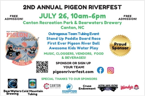 Event flyer for the 2nd Annual Pigeon Riverfest on July 26, 10am-6pm at Canton Recreation Park & Bearwaters Brewery in Canton, NC. Includes event details, vendor info, sponsors, and free admission notice.