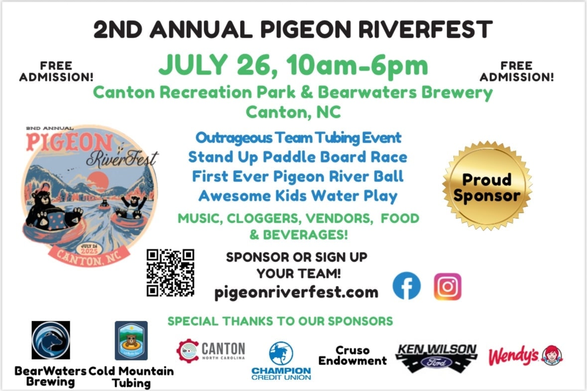 Event flyer for the 2nd Annual Pigeon Riverfest on July 26, 10am-6pm at Canton Recreation Park & Bearwaters Brewery in Canton, NC. Includes event details, vendor info, sponsors, and free admission notice.