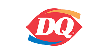 Dairy Queen (DQ) logo featuring white DQ letters on a red oval background with orange and blue curved lines above and below.