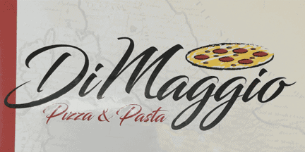 Logo for Di Maggio Pizza & Pasta with a stylized pizza slice above the word Di Maggio. Background features a faint map design with red, white, and beige colors.
