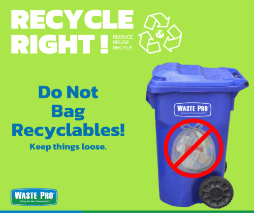 A blue recycling bin with a bag of recyclables crossed out, and text: RECYCLE RIGHT! Do Not Bag Recyclables! Keep things loose. Waste Pro logo is at the bottom.