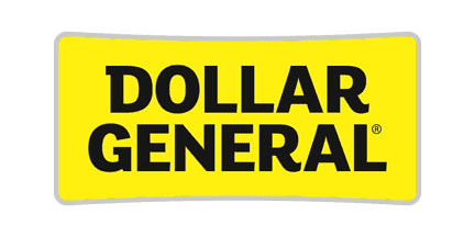 The Dollar General logo with bold black text on a yellow, rectangular background with slightly curved sides.