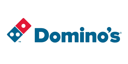 Dominos logo featuring a red and blue domino tile with the word Dominos in bold blue text to the right.