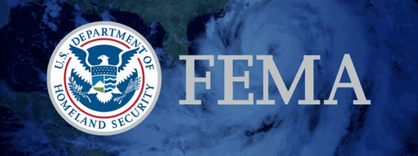 FEMA logo next to the U.S. Department of Homeland Security seal, overlaid on a satellite image of a hurricane.