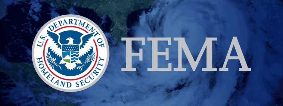 FEMA logo next to the U.S. Department of Homeland Security seal, overlaid on a satellite image of a hurricane.