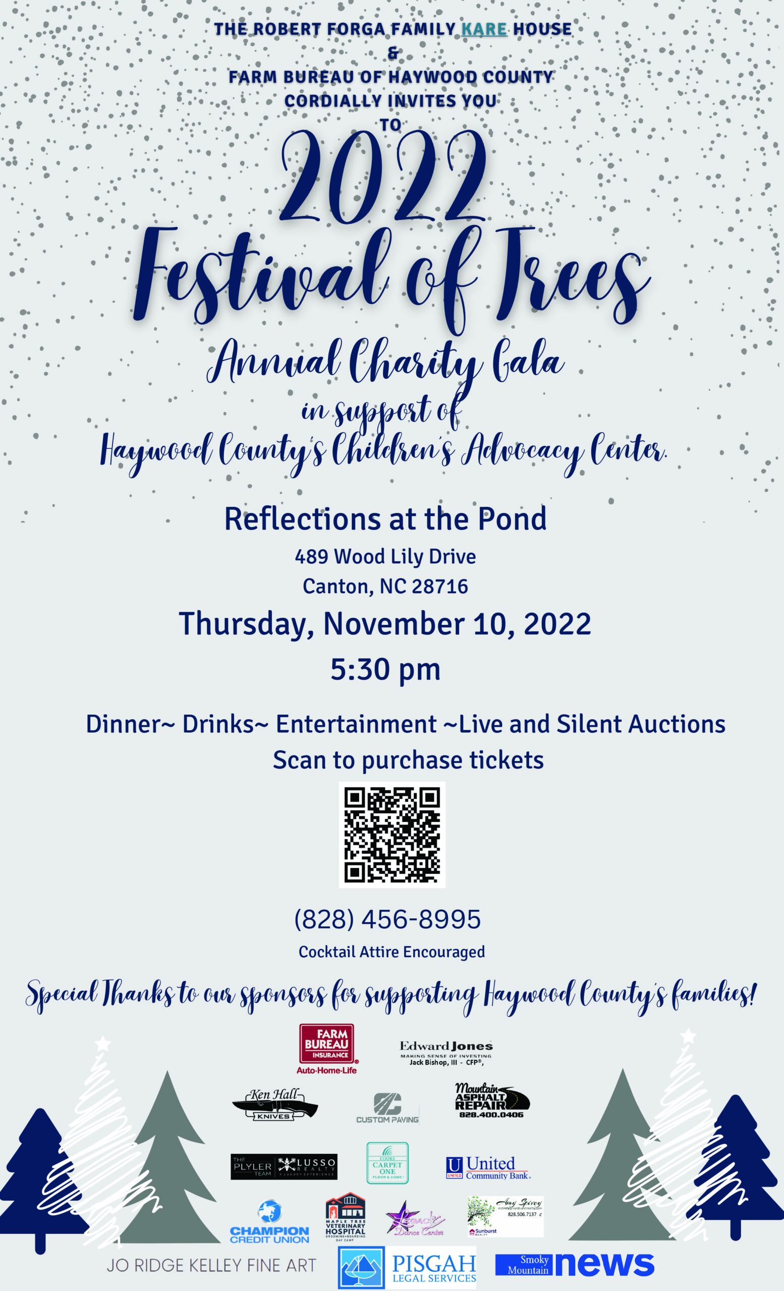 Festival of Trees charity gala event flyer with event details for November 10, 2022, including dinner, drinks, entertainment, auctions, location, and sponsors. Blue and white winter-themed design with tree graphics.
