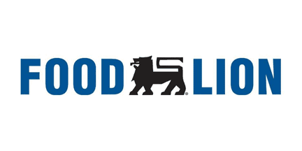 Food Lion logo featuring the words FOOD LION in blue capital letters with a black lion silhouette positioned between the words.