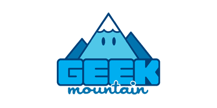 Cartoon blue mountain with eyes, behind the bold blue word GEEK and the word mountain in cursive script below. White background.