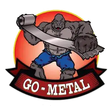 Cartoon gorilla in blue shorts holding a long sheet of metal, standing in front of an orange circle, with a red banner below reading GO-METAL.