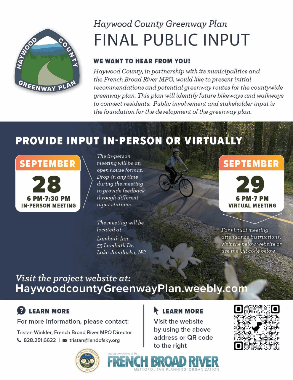 Flyer for Haywood County Greenway Plan public input events, with dates for in-person (Sept 28) and virtual (Sept 29) meetings, a cyclist on a greenway, website link, and contact info at the bottom.