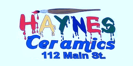 Logo for Haynes Ceramics, 112 Main St. The word HAYNES is painted in colorful, dripping letters with a brush above. Ceramics and the address are in blue below.