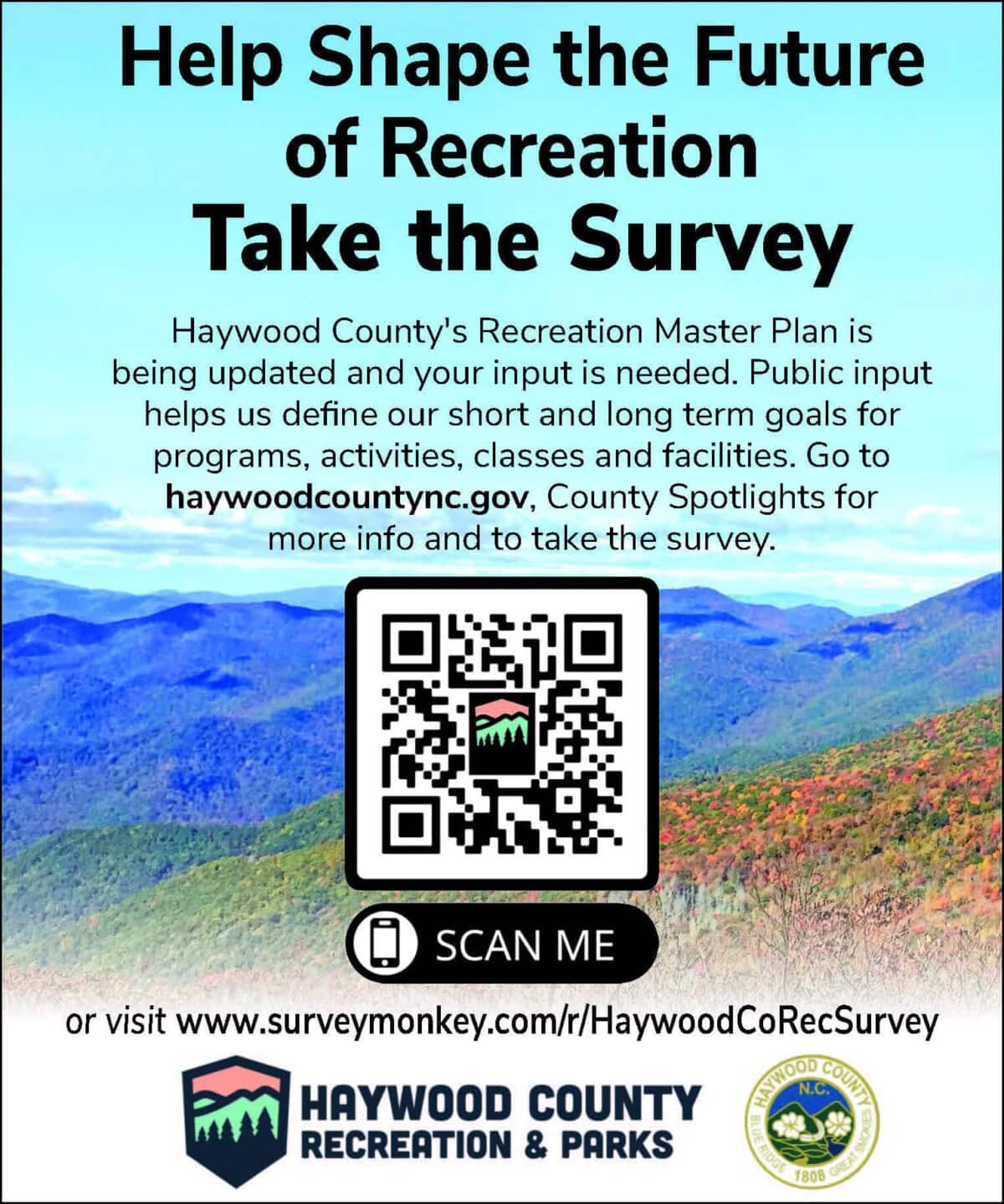 A flyer with a QR code invites people to take a recreation survey for Haywood County. Blue mountain background, Haywood County Recreation & Parks logo, and website links are included.