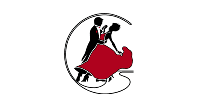 Silhouette of a couple ballroom dancing, with the woman in a flowing red dress and the man in a suit, both inside a stylized letter G.