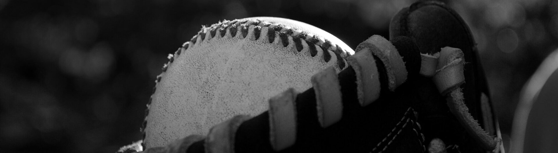 Close-up black and white image of a baseball caught in a leather glove, with the stitches and laces prominently visible and sunlight highlighting part of the ball.