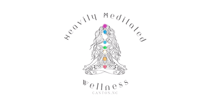 Line drawing of a seated person with long hair, colorful chakra symbols along the body, and the words Heavily Meditated Wellness, Canyon, NC arranged around the figure.