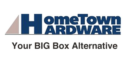 Logo for HomeTown Hardware with tagline Your BIG Box Alternative in bold text below the store name. The logo features a large blue H with a gray triangle to its left.