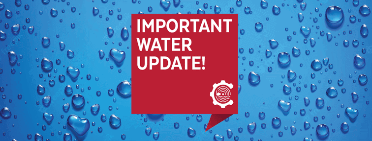 A red square with white text reads Important Water Update! on a blue background with water droplets. A white gear icon with a fingerprint is in the bottom right of the square.
