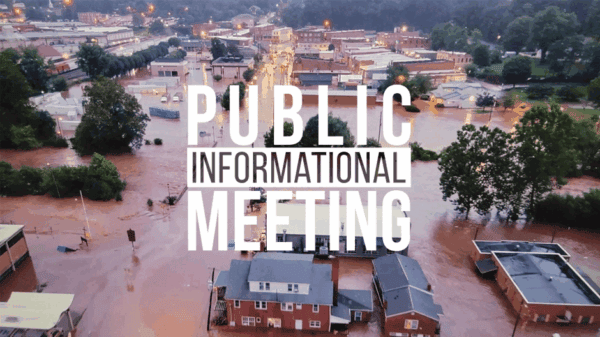 Aerial view of a flooded town with muddy water covering roads and buildings; overlaid text reads Public Informational Meeting.