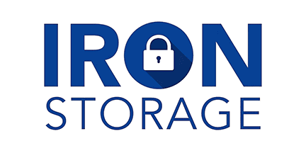 Logo for Iron Storage with the word IRON in bold blue letters. The O in IRON is replaced by a padlock icon, and STORAGE appears below in a lighter blue font.