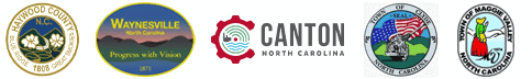 Five logos for Haywood County, Waynesville, Canton, Clyde, and Maggie Valley, all in North Carolina, each with unique colors and symbols representing their respective towns.