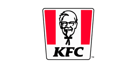 KFC logo featuring a smiling man with glasses and a bowtie, above bold black KFC letters, with two red vertical stripes on each side, all on a white background.
