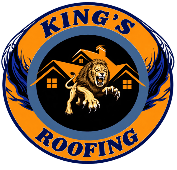 A logo for Kings Roofing featuring a roaring lion in front of a house, surrounded by blue decorative wings, with the company name in bold blue letters on an orange circular background.