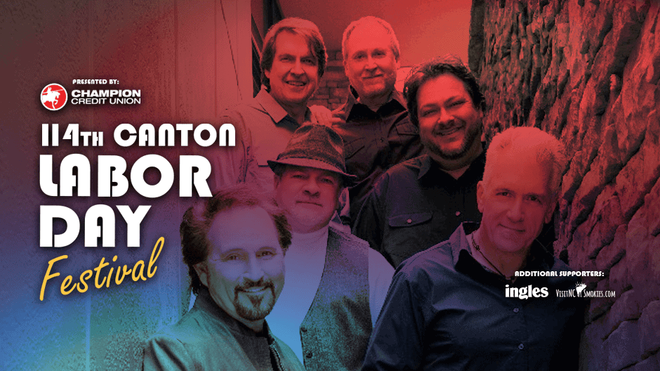 Six men stand smiling beside a stone wall. The text reads: 114th Canton Labor Day Festival, with sponsor logos for Champion Credit Union, Ingles, Young & McQueen, and Smoky Mountain News.