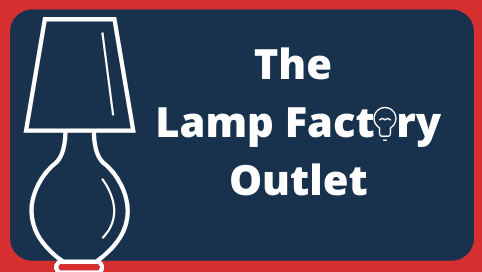 A white outline of a lamp and the words The Lamp Factory Outlet on a dark blue background with a red border; the o in Outlet is shaped like a light bulb.