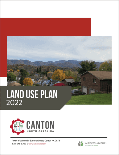 Cover of the Canton, North Carolina Land Use Plan 2022, featuring houses, autumn trees, and mountains under a cloudy sky, with logos and contact info at the bottom.