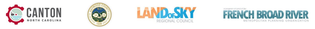 Logos for Canton, NC; Haywood County; Land of Sky Regional Council; and French Broad River Metropolitan Planning Organization, each with unique text and icons, arranged in a row on a white background.